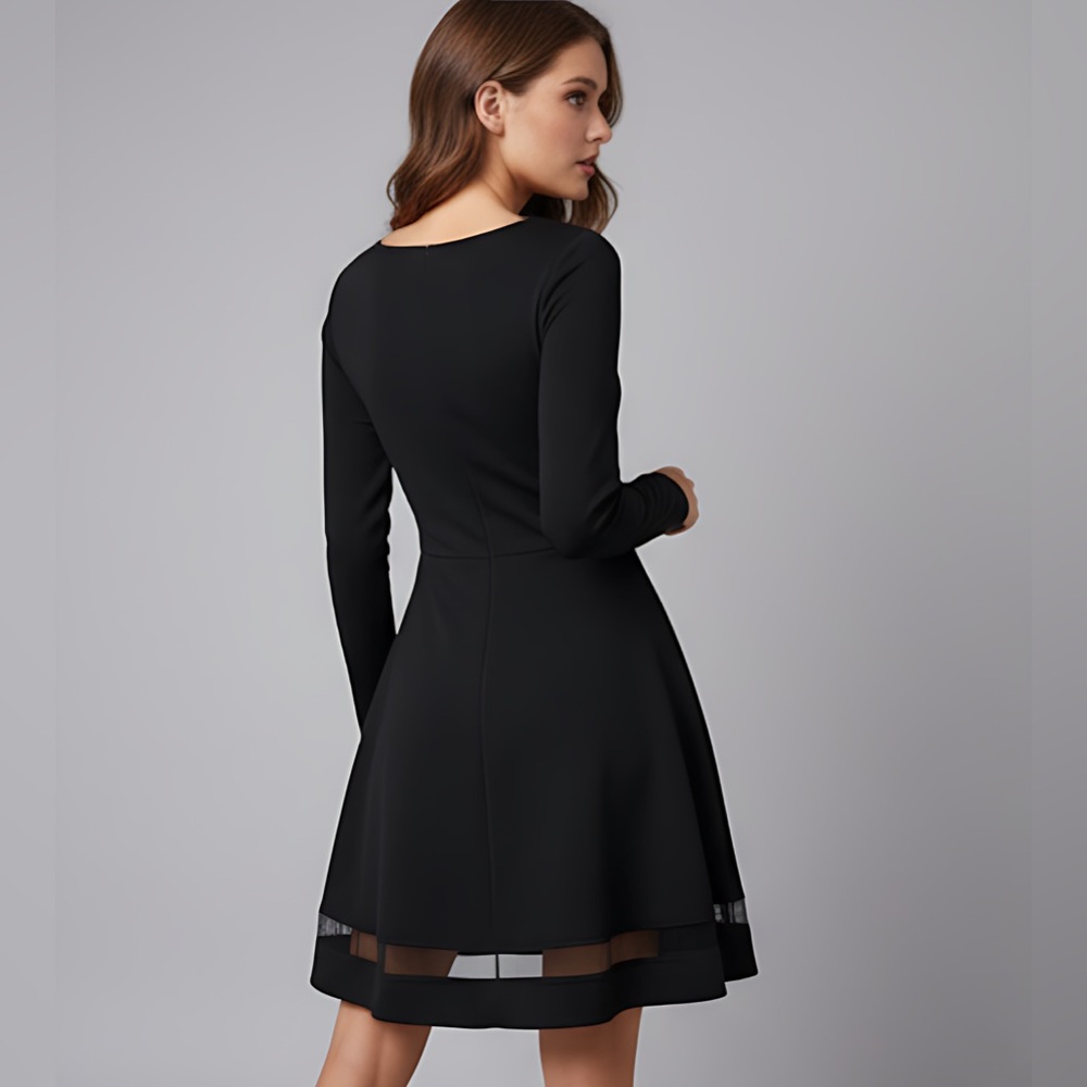 Black Mesh Insert Flare Hem Dress - Picture 4 of 9